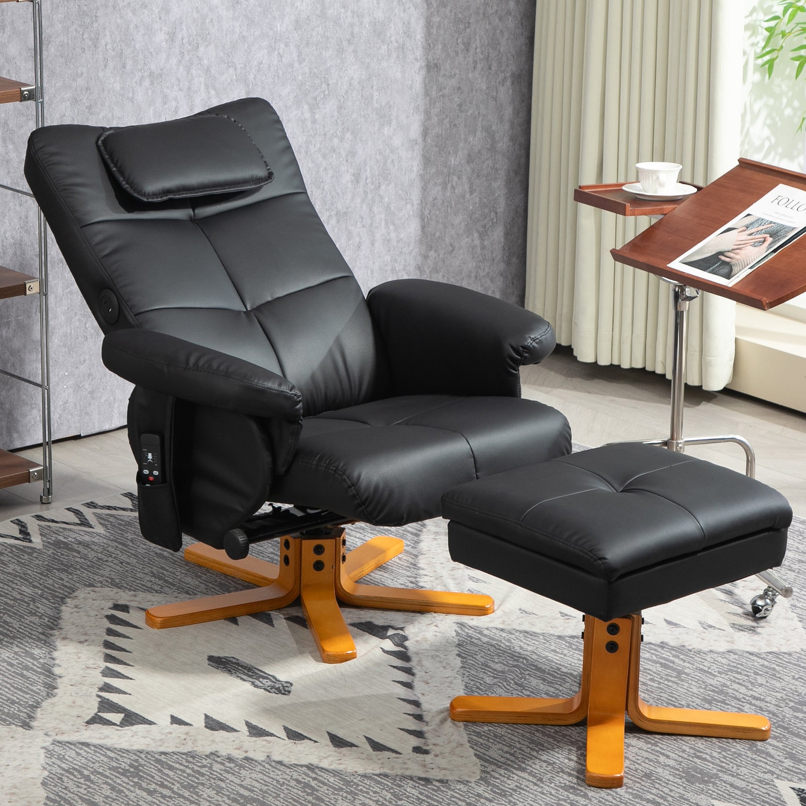 Faux Leather Massage Recliner Chair, with Storage Ottoman - Black