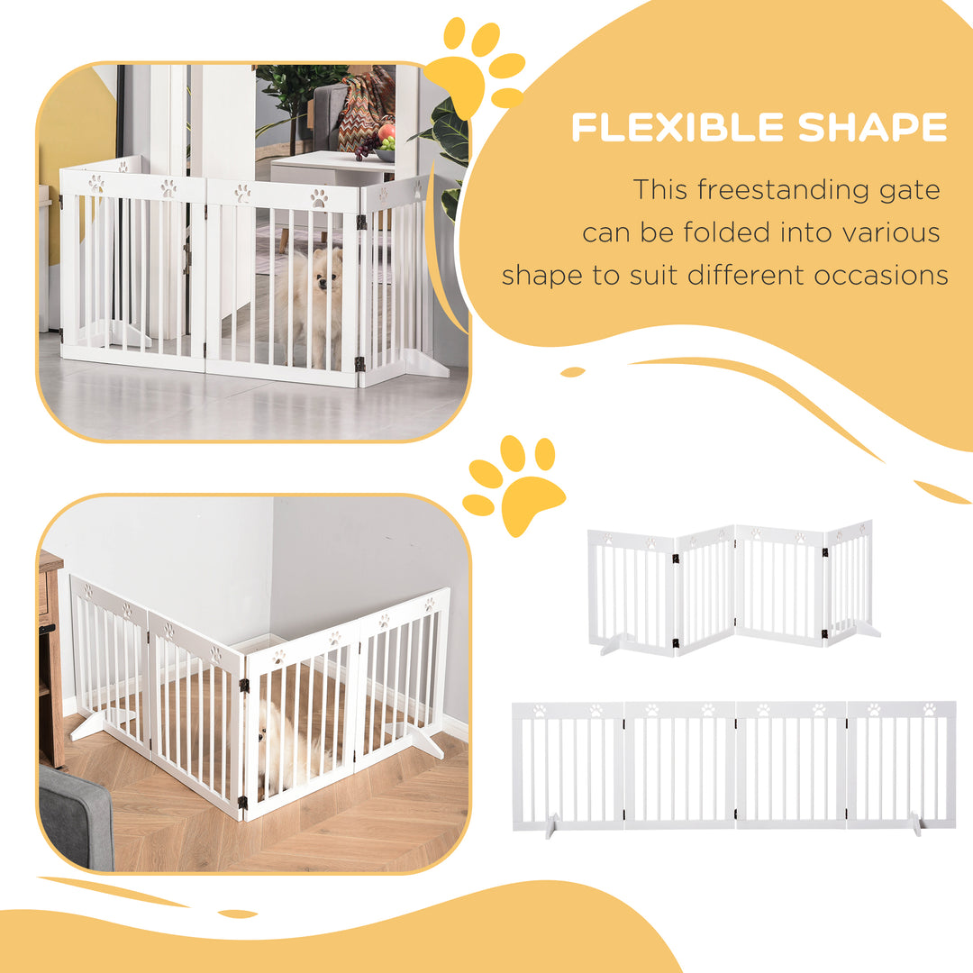 PawHut Pet Gate 4 Panel Folding Wooden Dog Barrier Freestanding Dog Gate For Stairs w/ Support Feet | Aosom UK