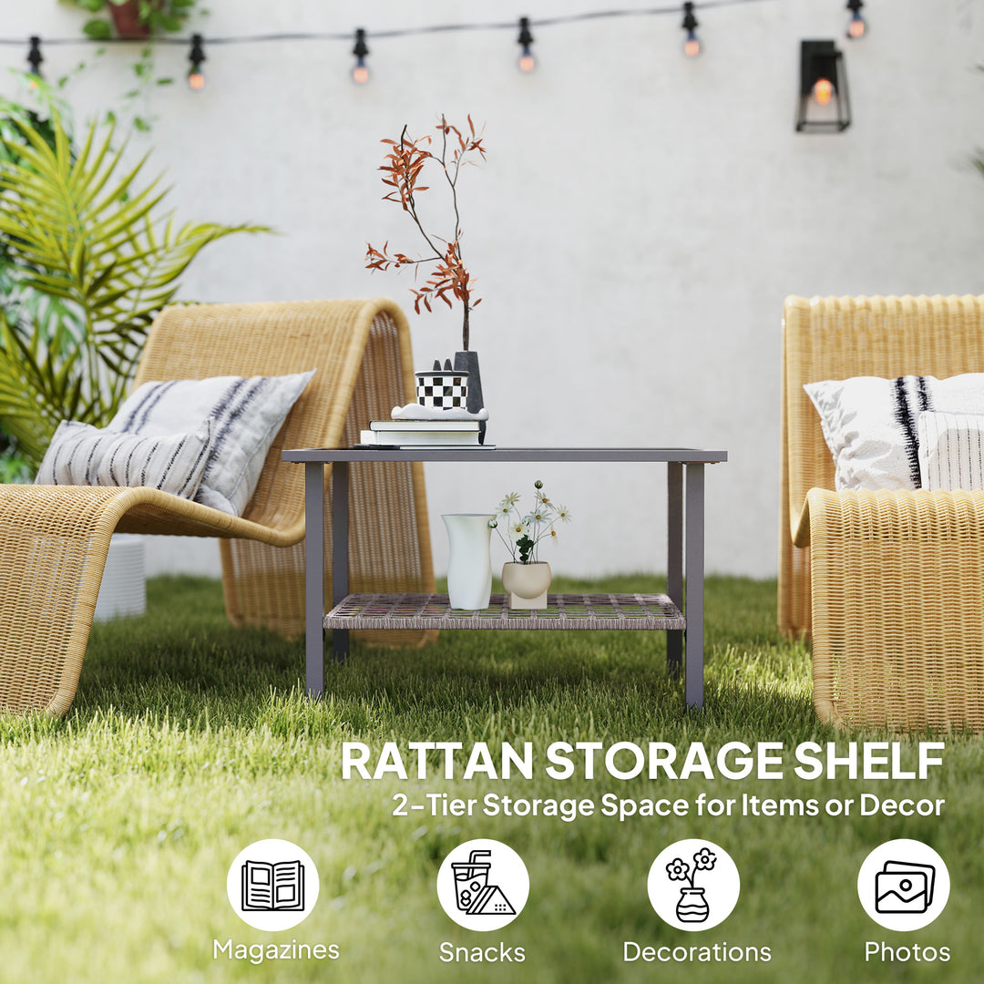 Outdoor Rattan Coffee Table with Tempered Glass Top, Storage Shelf, Foot Pads, for Patio, Balcony, Mixed-grey