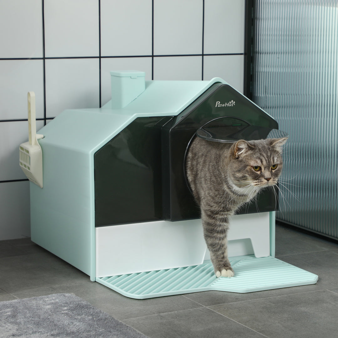 PawHut Cat Litter Tray, Hooded with Scoop, Easy Clean, Privacy for Cats, Light Blue | Aosom UK