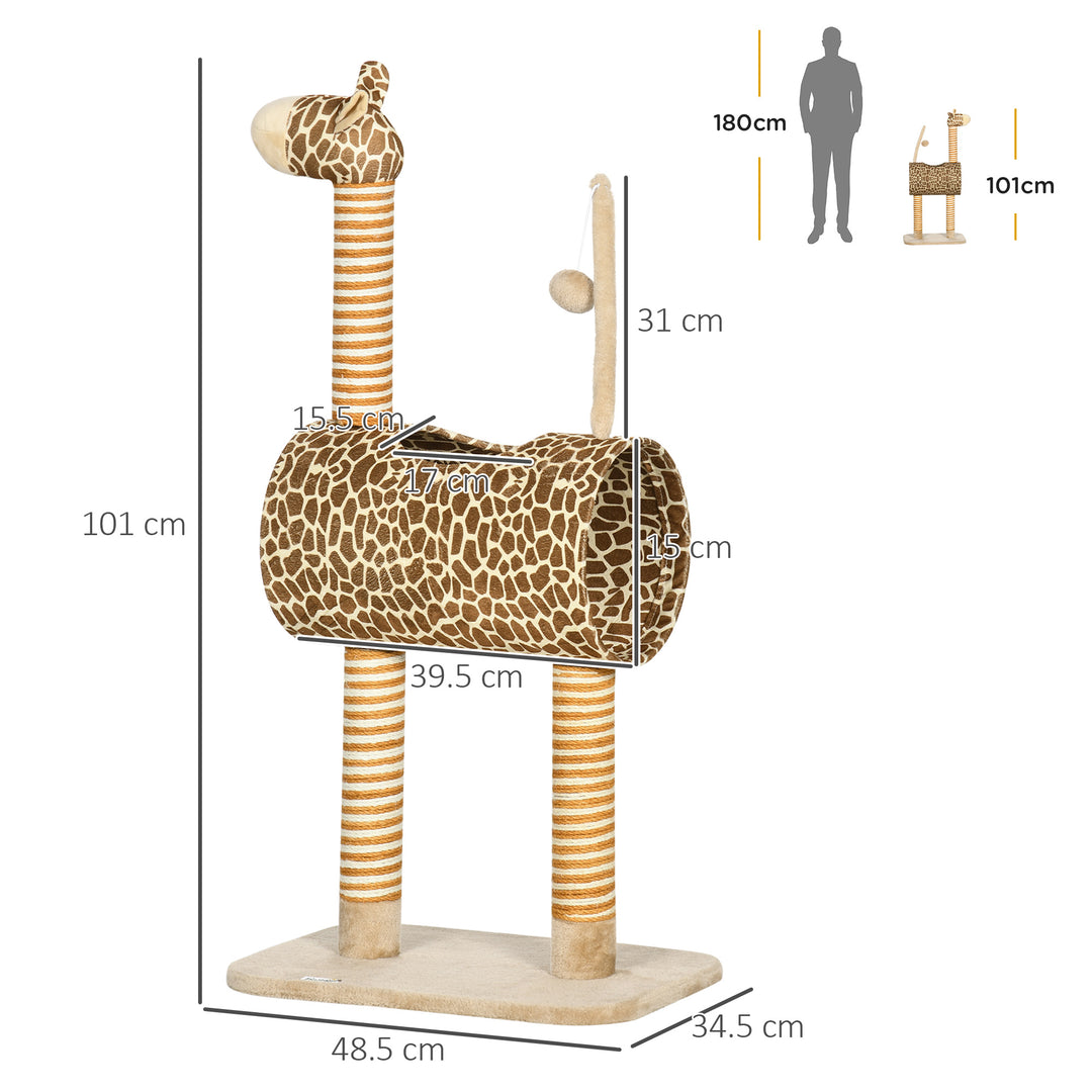 Giraffe-Designed Cat Tree, with Scratching Posts, Cat Tunnel, Toy Ball - Beige