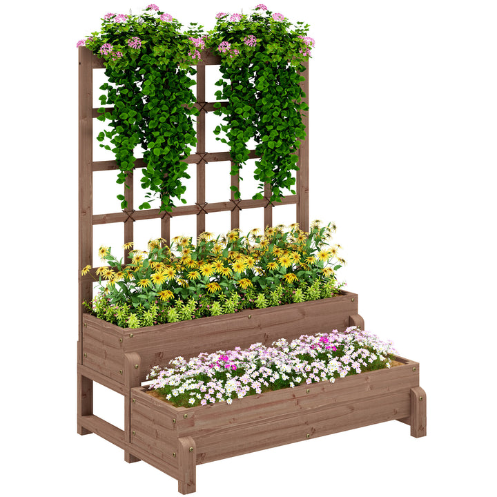 2-Tier Raised Garden Bed with Trellis, Wooden Elevated Planter Box with Drainage Holes, Outdoor Raised Planter for Climbing Plants, Fruits, Vegetables, Flowers, Brown