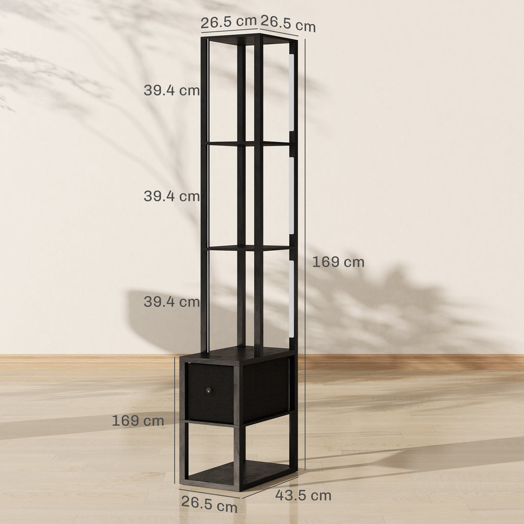 Floor Lamp with Shelves, LED Column Modern Standing Lamp with Fabric Drawer, Adjustable Brightness, Foot Switch for Living Room, Bedroom, Office, Black