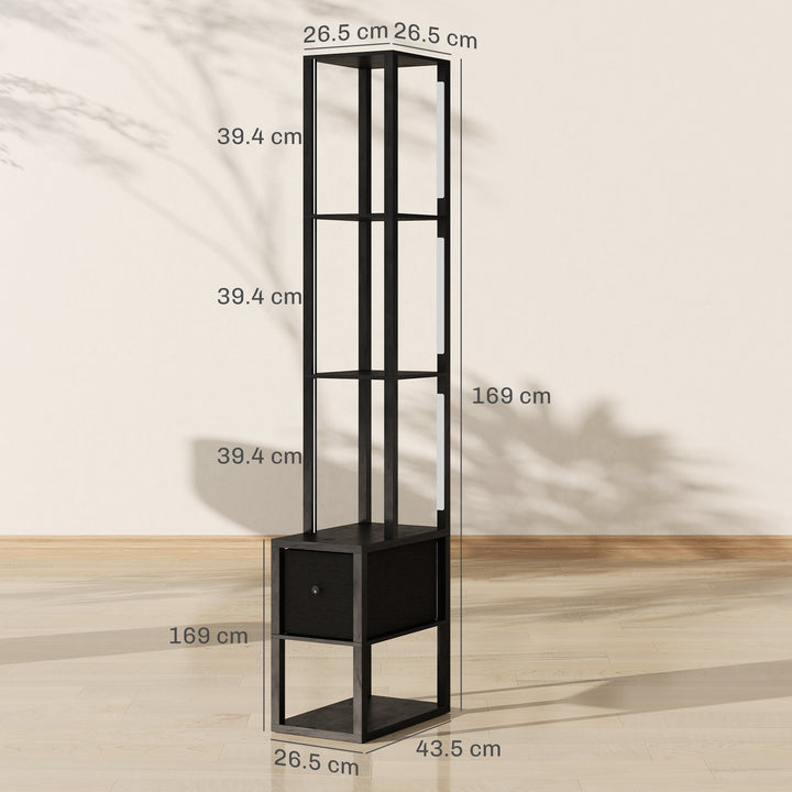 Floor Lamp with Shelves, LED Column Modern Standing Lamp with Fabric Drawer, Adjustable Brightness, Foot Switch for Living Room, Bedroom, Office, Black