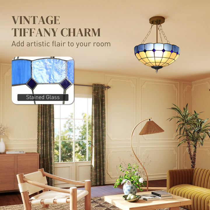 MCL Tiffany Style Ceiling Light, Vintage Chandelier with 3 E27 Sockets, Semi Flush Mount for Living Room, Bulbs Not Included