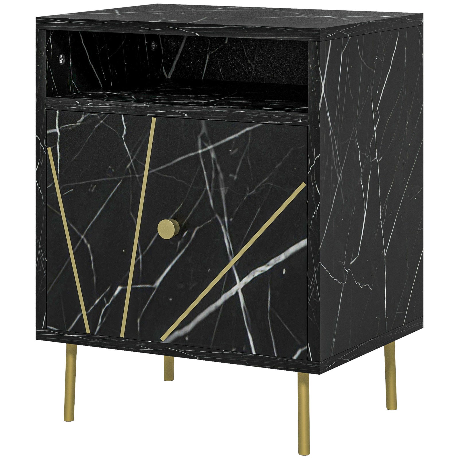 Elegant Bedside with Storage - Black/Gold Tone