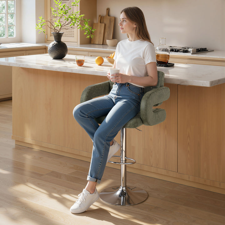 MCL PU Leather Upholstered Swivel Bar Stool, Height Adjustable with Back, Armrest, Footrest, Green