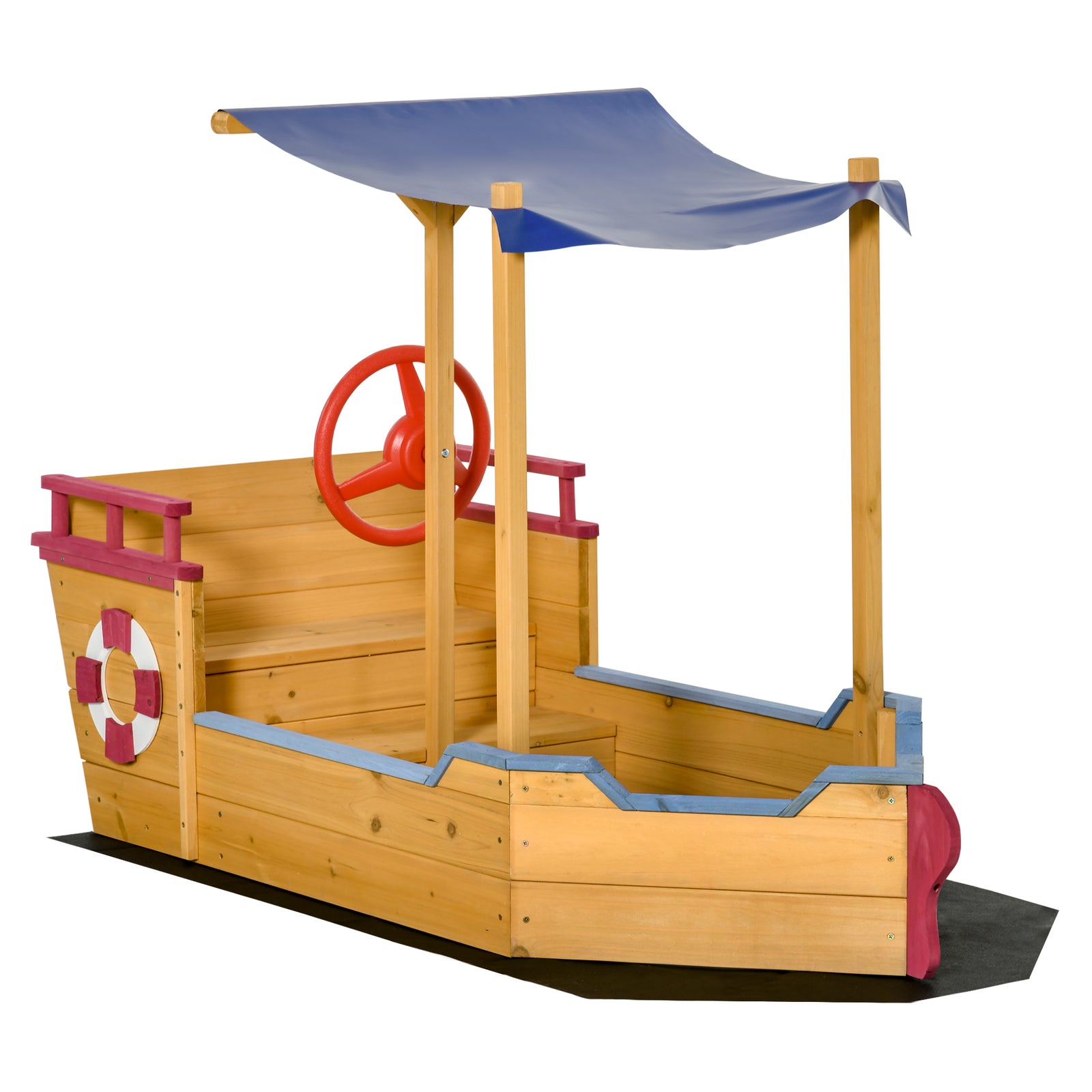 Kids Wooden Sand Pit Children Sandbox Pirate Ship Sandboat Play Station for Outdoor w/ Canopy Shade Storage Bench Bottom Liner