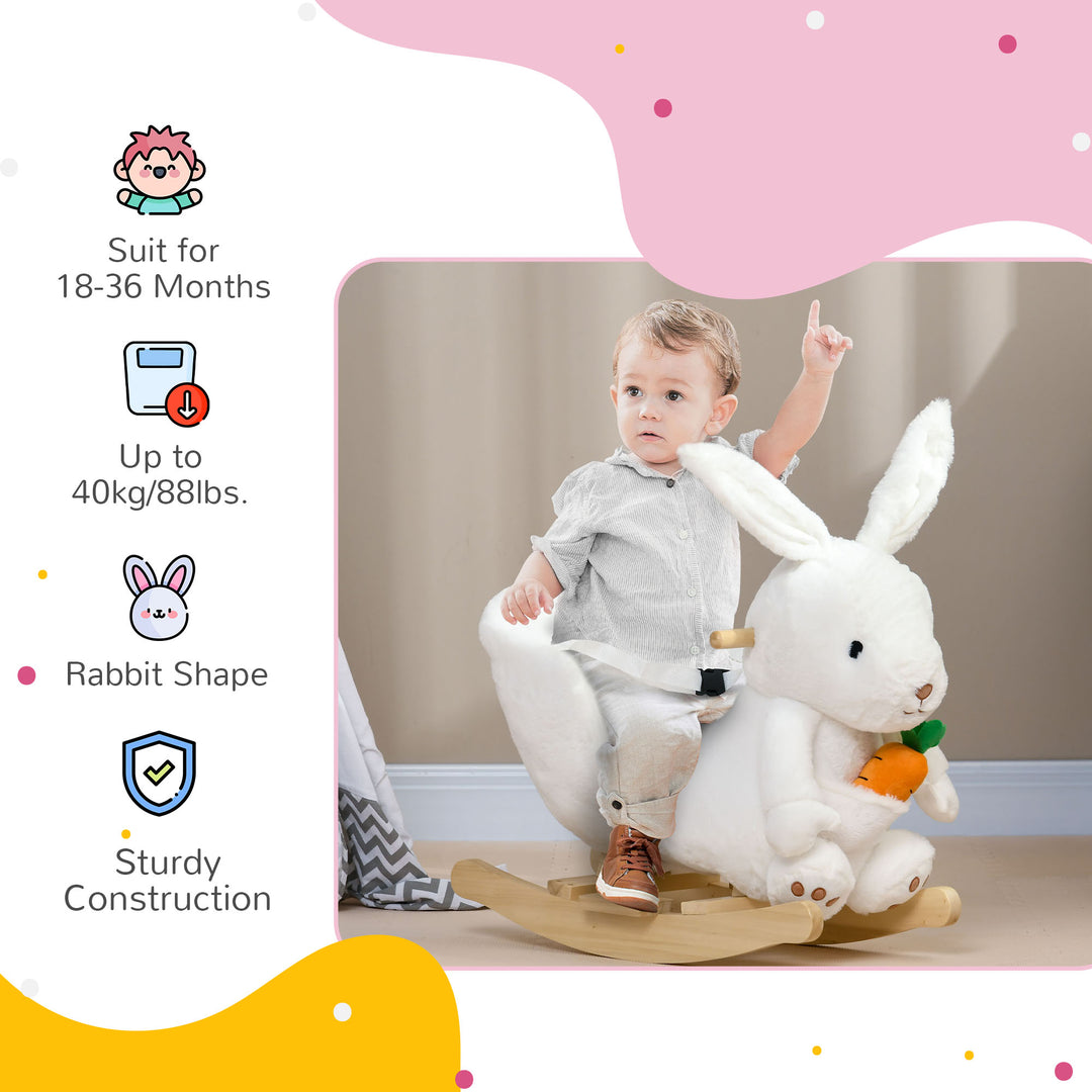 Kids Rabbit-Shaped Rocking Horse, with Safety Belt, Realistic Sounds, for Ages 18-36 Months - White