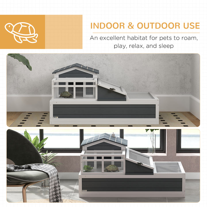 Tortoise House 3-Room with 2 Stories, Ladder, Balcony, Tray, Openable Roof, 59H x 112L x 65Wcm, Grey