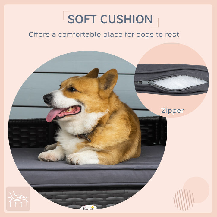 Wicker Dog Bed, Elevated Rattan Dog House with Removable Cushion and Canopy, for Small and Medium Dogs, 98 x 69 x 70cm - Grey