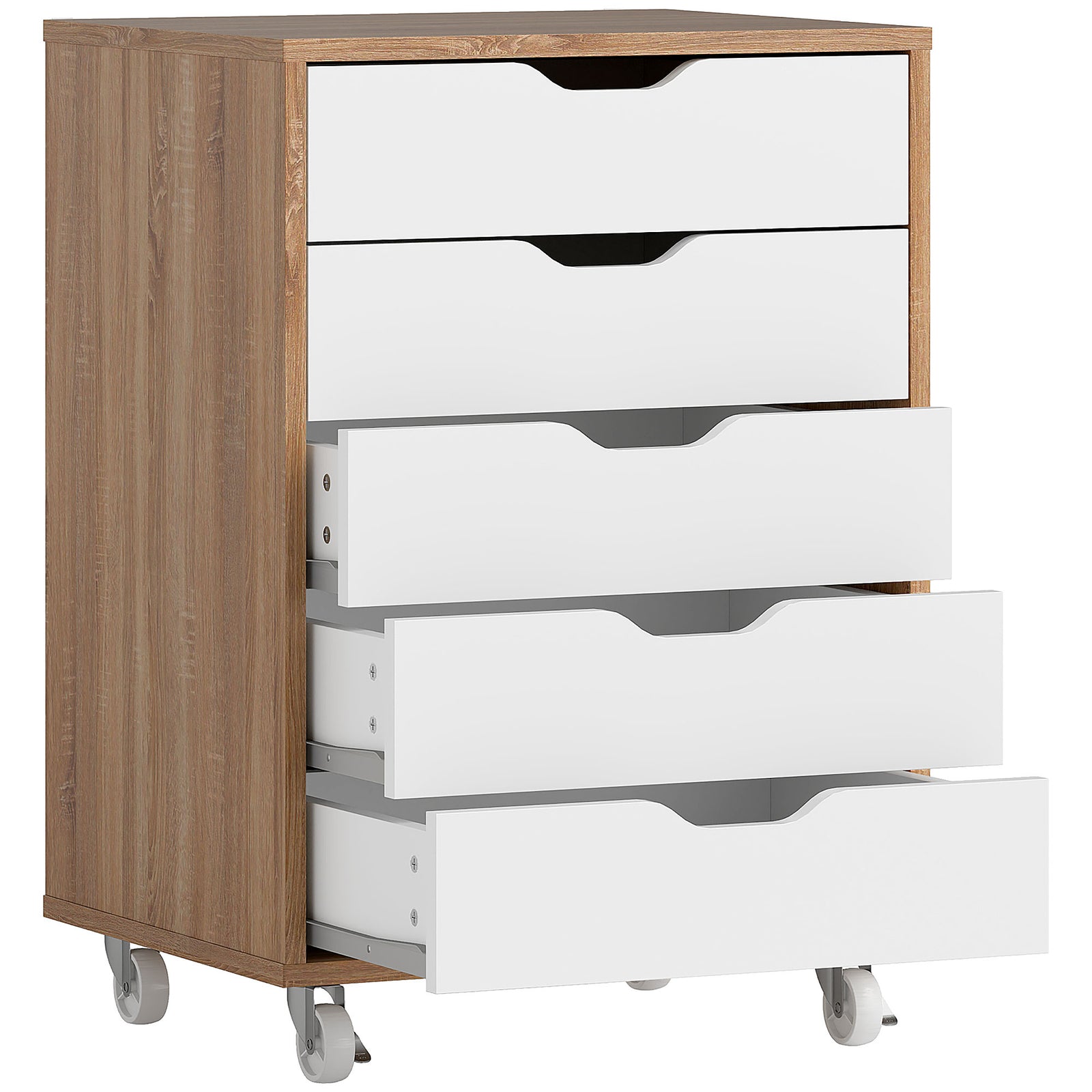 Five-Drawer Filing Cabinet, with Wheels - Oak Brown