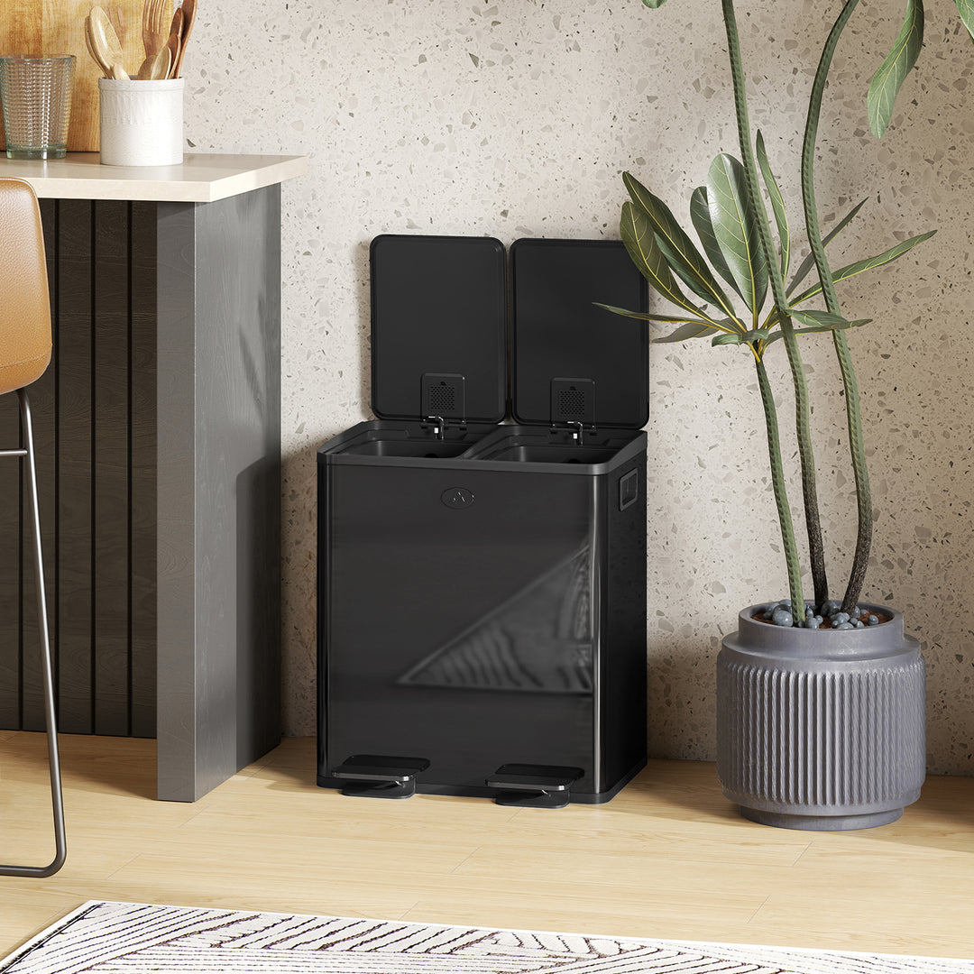 40L Dual Compartment Stainless Steel Bin, with Deodoriser Holders - Glossy Black
