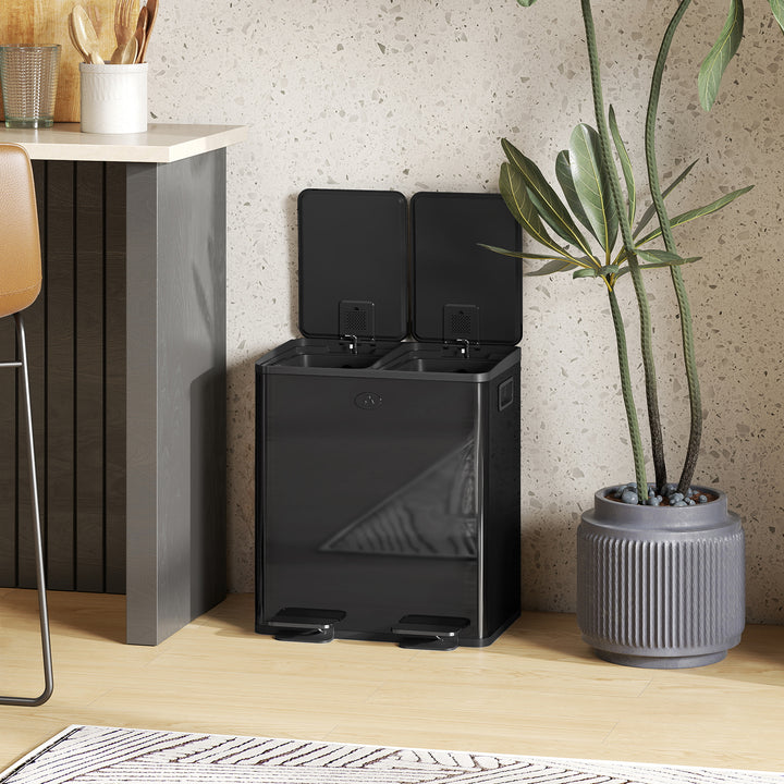 40L Dual Compartment Stainless Steel Bin, with Deodoriser Holders - Glossy Black