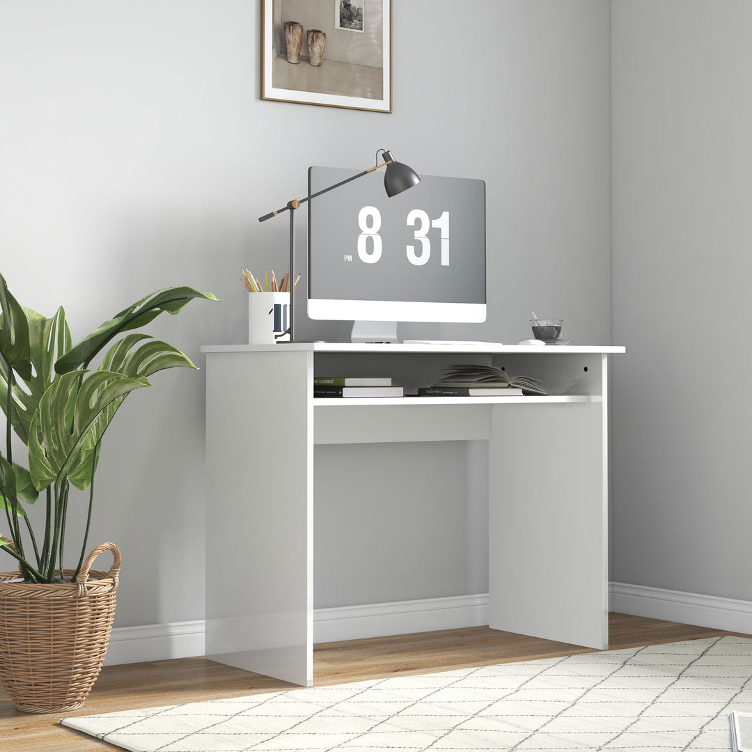 HOMCOM Writing Desk, Computer Table, Small Writing Desk with Storage Shelf, High Gloss, Modern Home Office Desk, White | Aosom UK