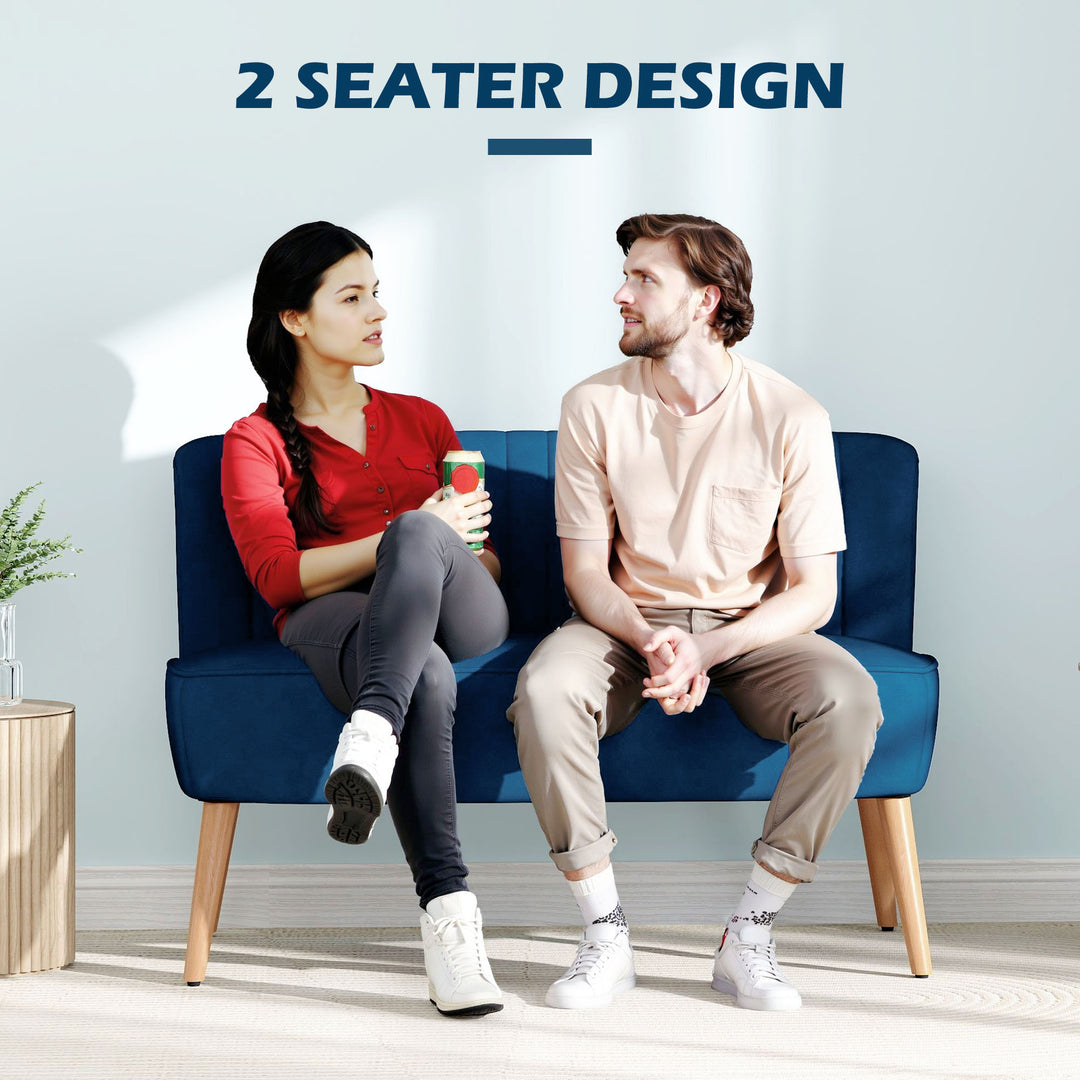 Modern Velvet Double Seat Sofa w/ Wood Frame Foam Padding High Back Soft Comfortable Compact Couch Blue