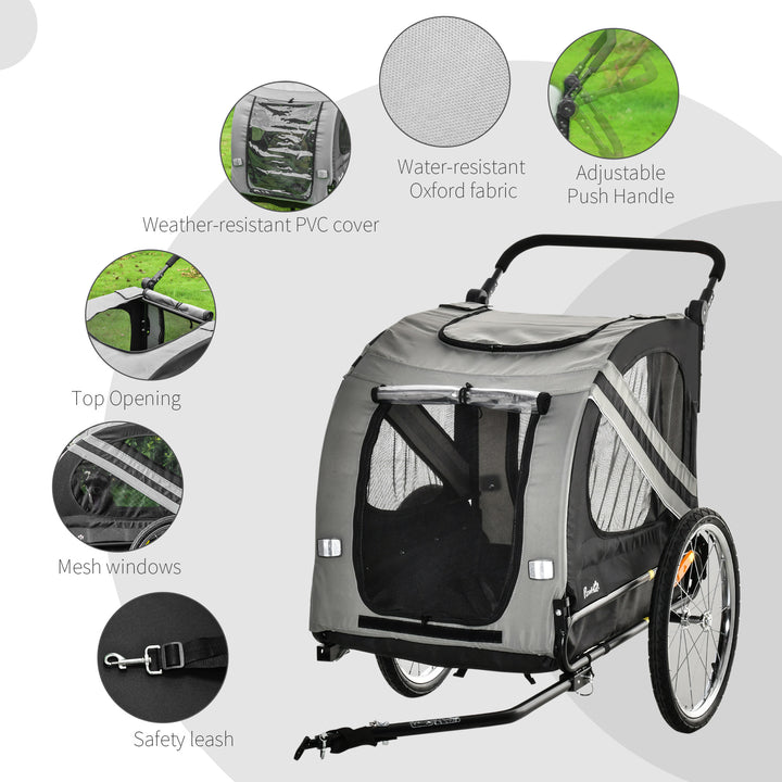 2-In-1 Pet Bike Trailer Dog Stroller Pushchair with Universal Wheel Reflector Flag Grey