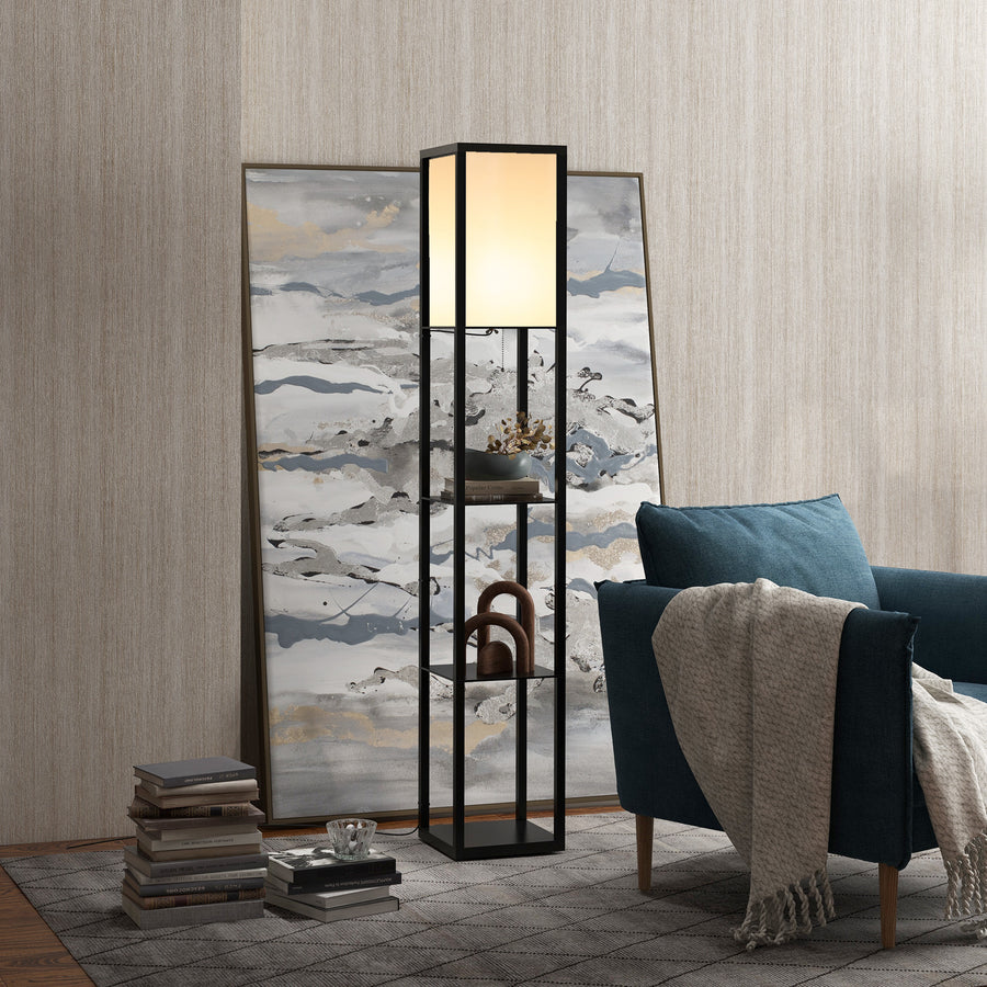 Floor Lamp with Shelves and Top Light, Modern Corner Standing Lamp for Living Room, Bedroom, Bulb not Included, Black