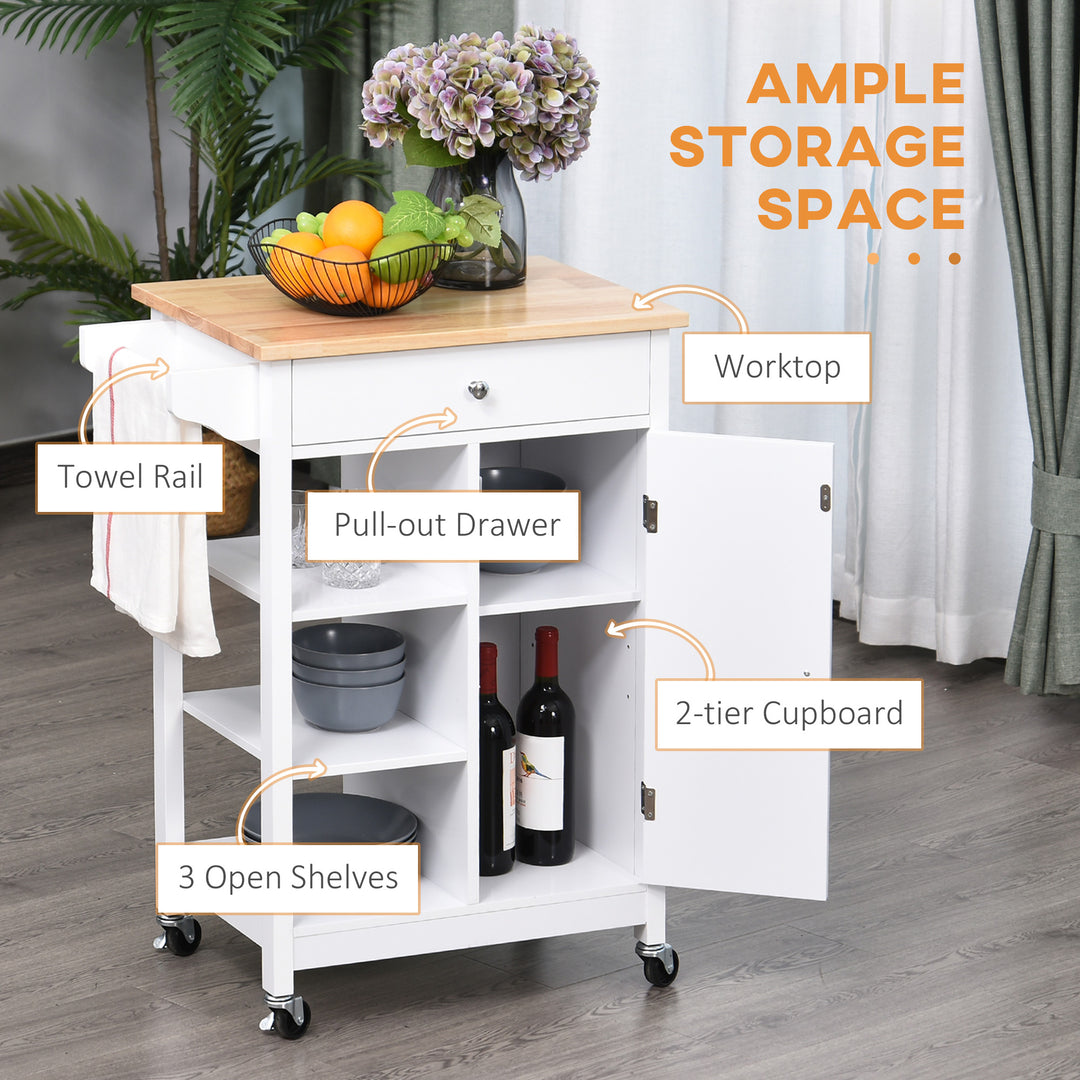 MCL Kitchen Trolley, Kitchen Island on Wheels, w/ Wood Top, 3 Shelves and Storage Cupboard, White