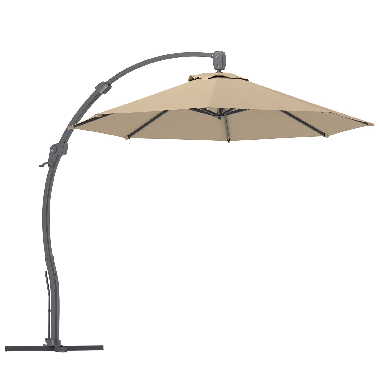 3(m) Garden Cantilever Parasol, Round Overhanging Umbrella with Crank Handle, Cross Base, Aluminium Frame and 360° Rotation, Banana Patio Umbrella for Outdoor Sun Shade, Khaki