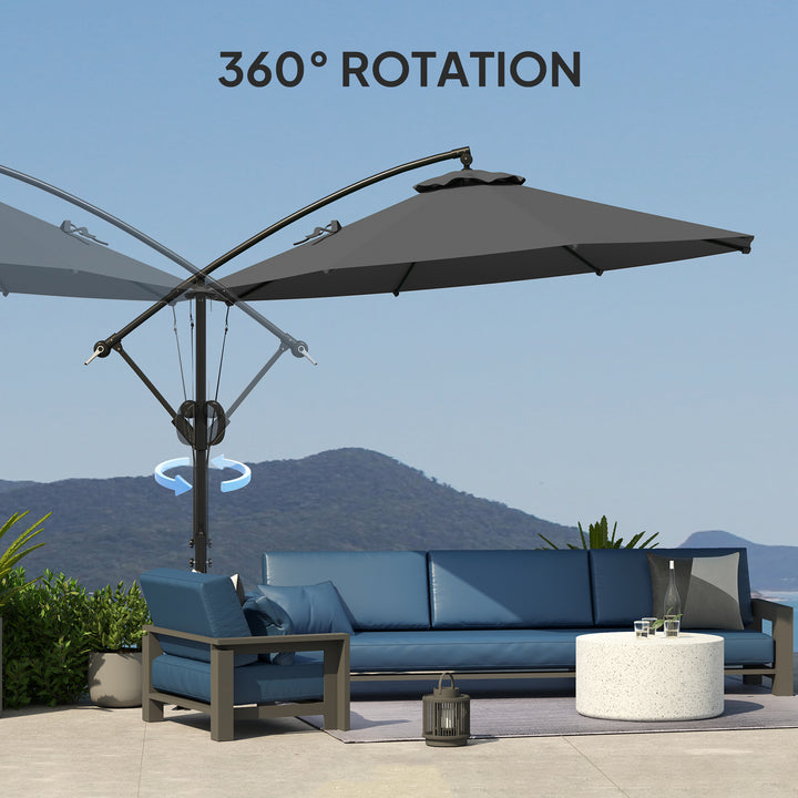 3(m) Garden Cantilever Parasol with Cover and Wind Protection Strap, Round Overhanging Umbrella with Crank Handle and Tilt, Banana Patio Umbrella for Outdoor Sun Shade, UPF50+, Grey