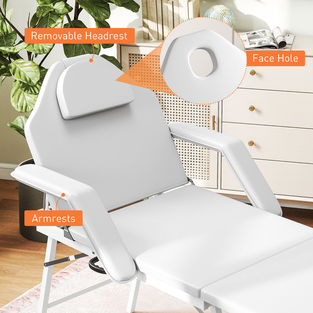 Portable Massage Table, 3 Section Adjustable Beauty Bed, Foldable Massage Bed with Face Hole, Recliner Chair with Removable Headrest and Armrests for Spa, Lash, Tattoo, White