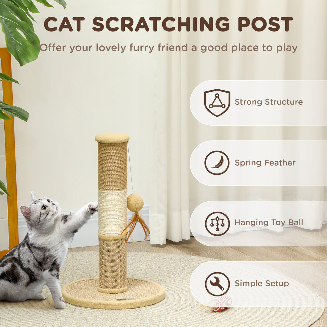 Cat Scratching Post for Indoor Cats, 47cm Tall Cat Scratcher with Jute Sisal Rope, Hanging Toy Ball, Feather, Brown