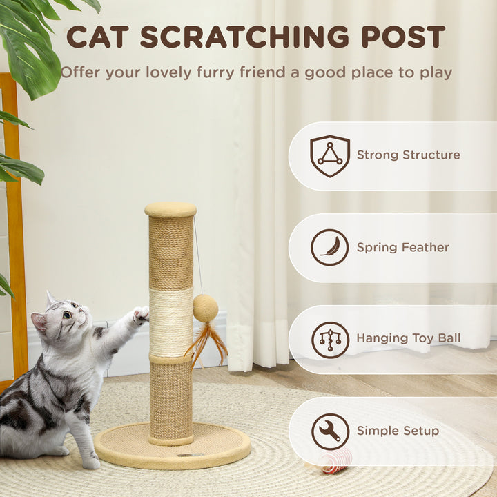 Cat Scratching Post for Indoor Cats, 47cm Tall Cat Scratcher with Jute Sisal Rope, Hanging Toy Ball, Feather, Brown