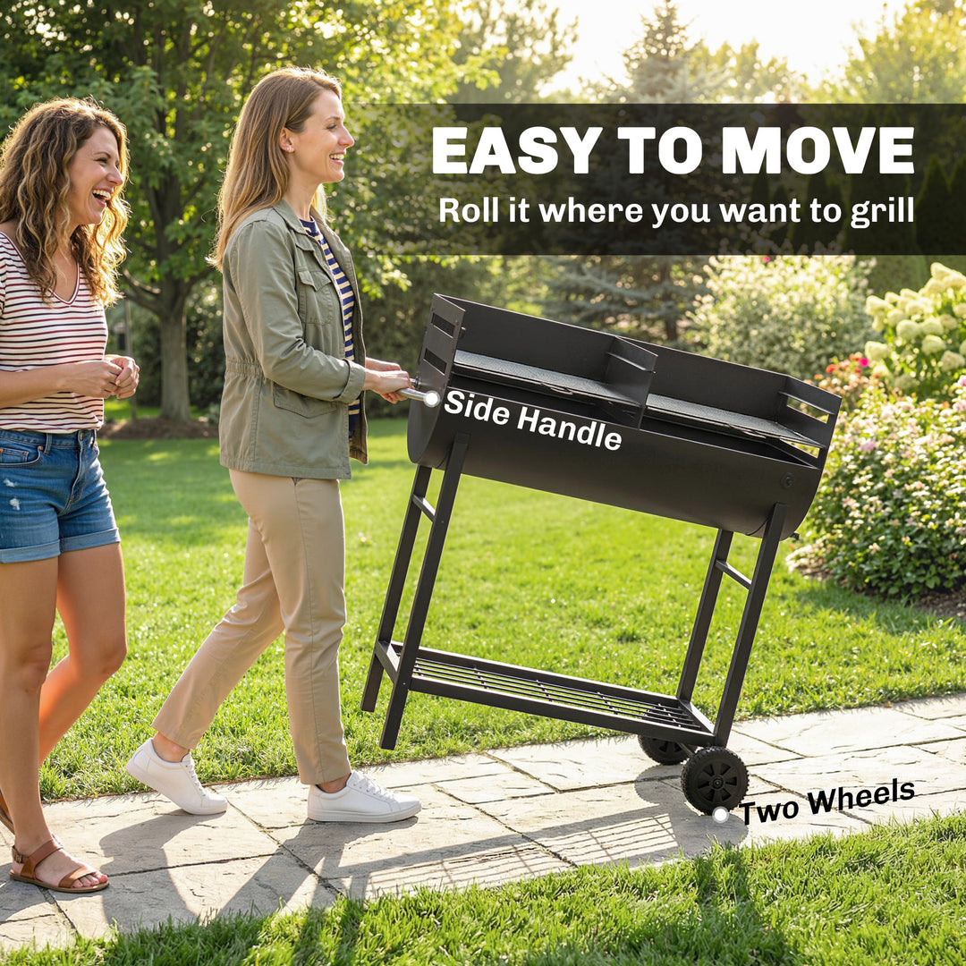 Charcoal Barbecue Grill with 2 Cooking Areas, Portable BBQ Trolley wit