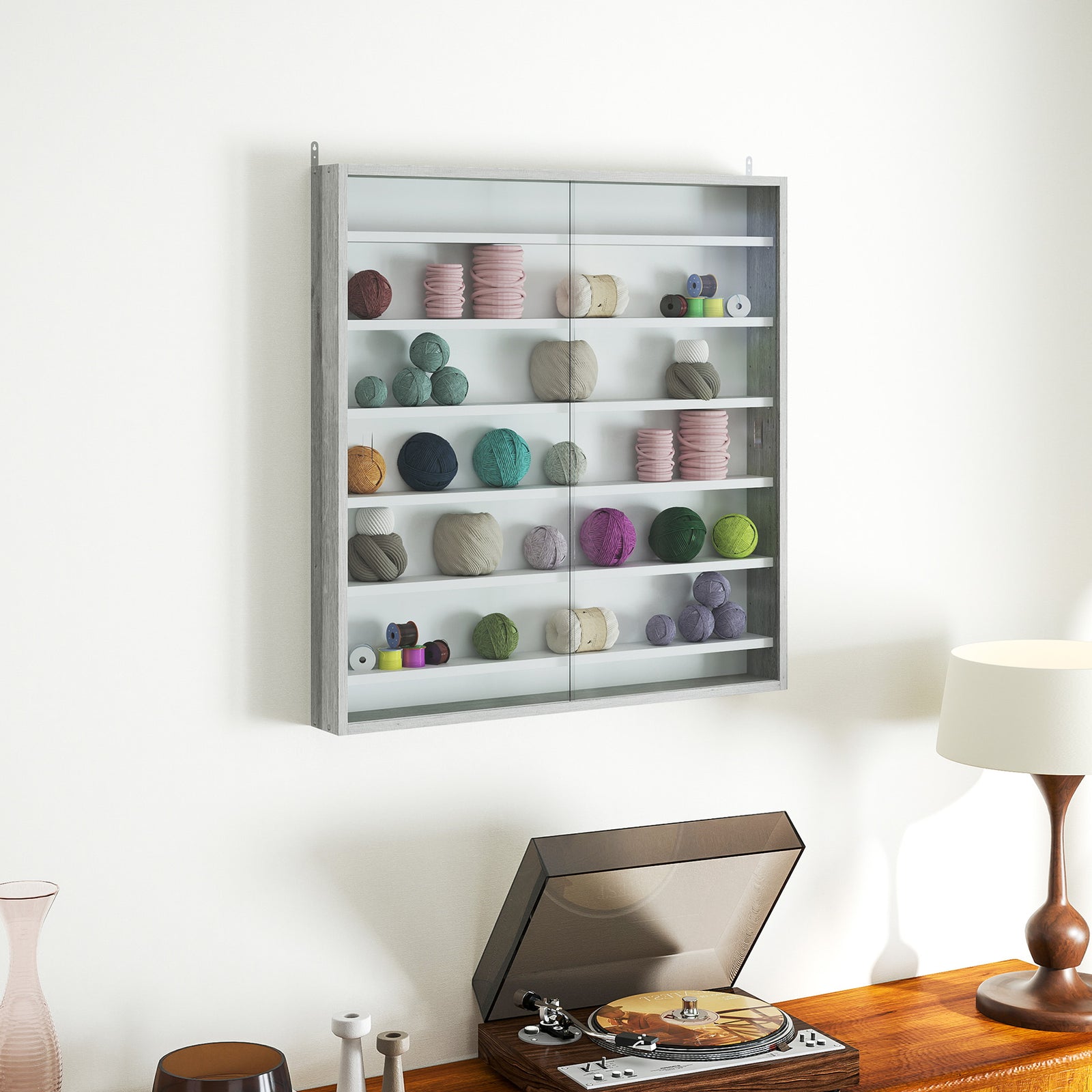 Six Shelf Display Cabinet, with Glass Doors - Graphite Wood Effect