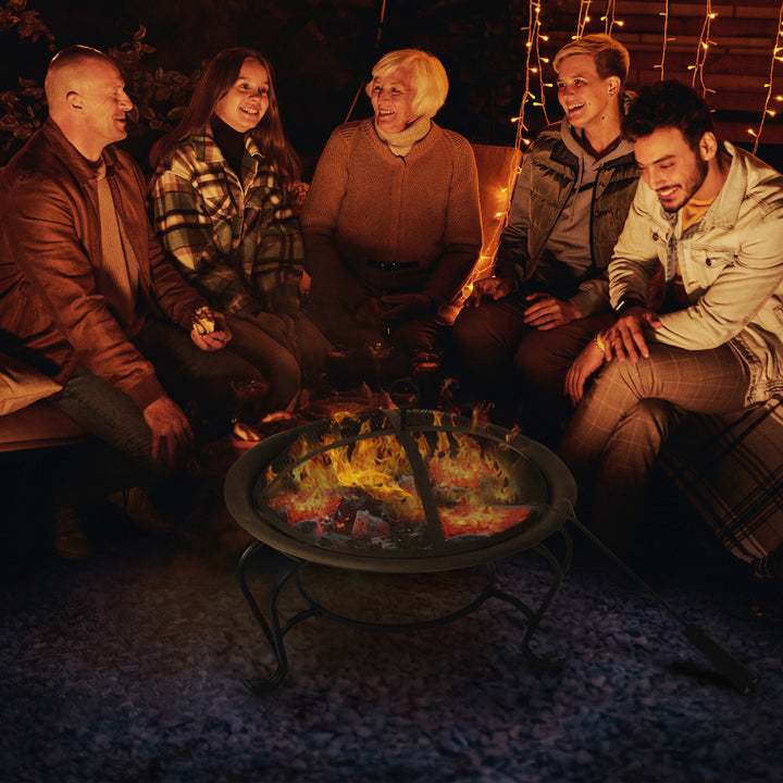 MCL Metal Firepit Bowl Outdoor Round Fire Pit w/ Lid, Log Grate, Poker for Backyard, Camping, BBQ, Bonfire, Wood Burning Stove, 56 x 56 x 45cm, Black