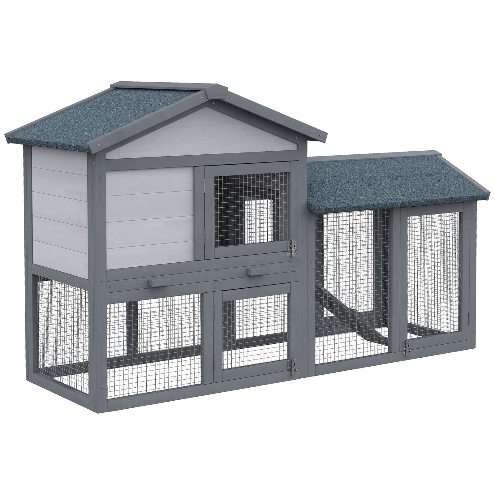 Wooden Rabbit Hutch Outdoor, Double Tier with Water-Resistant Roof, Ramp 147 x 54 x 84 cm, Grey