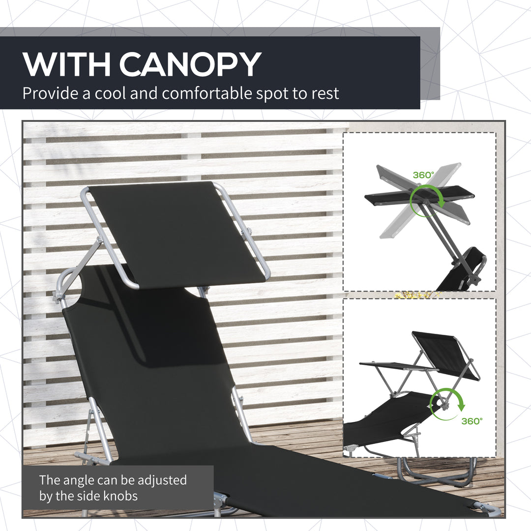 Outdoor Foldable Sun Lounger, 4 Level Adjustable Backrest Reclining Sun Lounger Chair with Angle Adjust Sun Shade Awning for Beach, Garden, Patio, Black