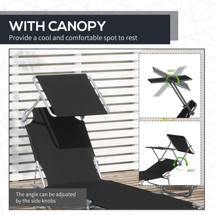Outdoor Foldable Sun Lounger, 4 Level Adjustable Backrest Reclining Sun Lounger Chair with Angle Adjust Sun Shade Awning for Beach, Garden, Patio, Black