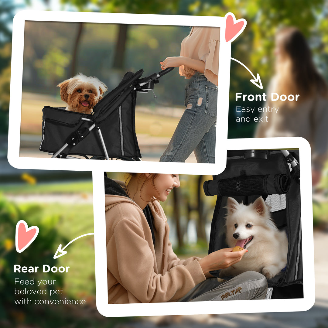 Pet Stroller for Small Miniature Dogs Cats Foldable Travel Carriage with Wheels Zipper Entry Cup Holder Storage Basket Black