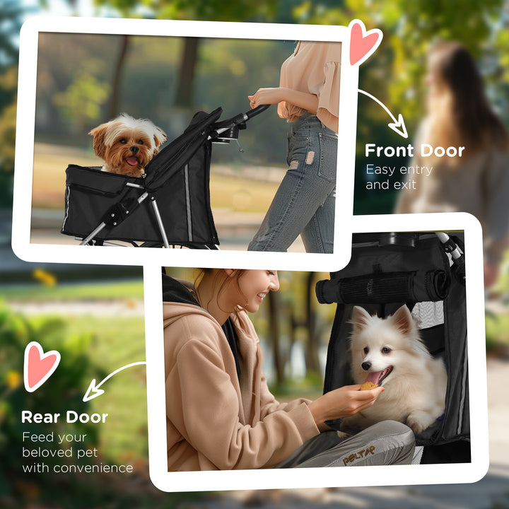 Pet Stroller for Small Miniature Dogs Cats Foldable Travel Carriage with Wheels Zipper Entry Cup Holder Storage Basket Black