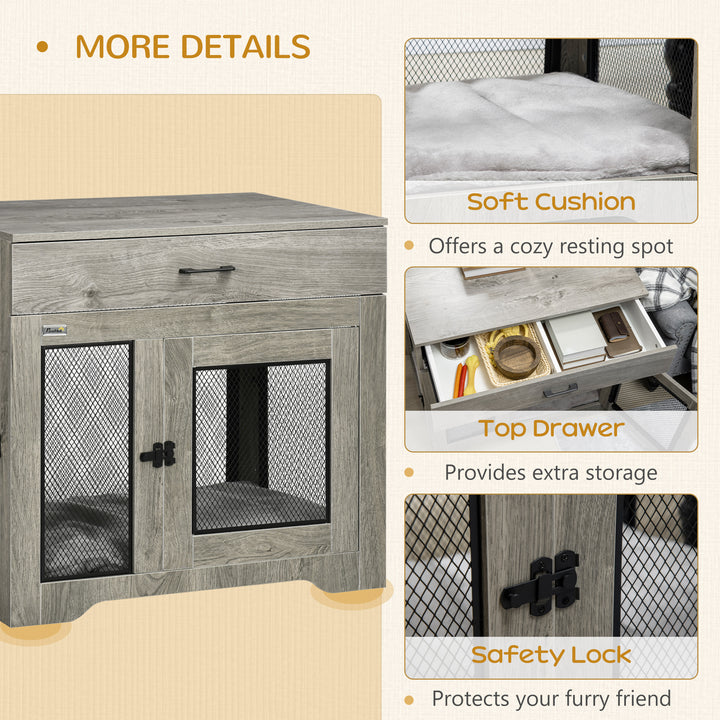 Dog Cage End Table with Two Doors, Drawer, for Medium Dogs - Grey