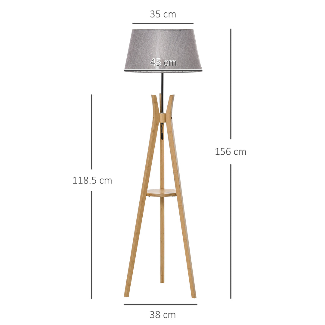 MCL Natural Wood Tripod Floor Lamp Light E27 Base Bedroom Living Room Fabric Shade Storage Shelf Foot Switch, 156cm, Grey