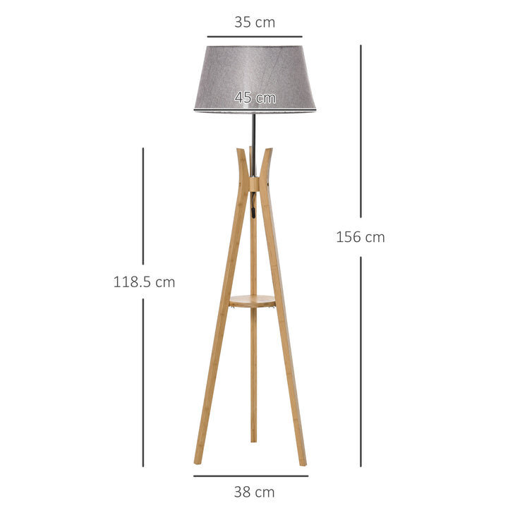 MCL Natural Wood Tripod Floor Lamp Light E27 Base Bedroom Living Room Fabric Shade Storage Shelf Foot Switch, 156cm, Grey