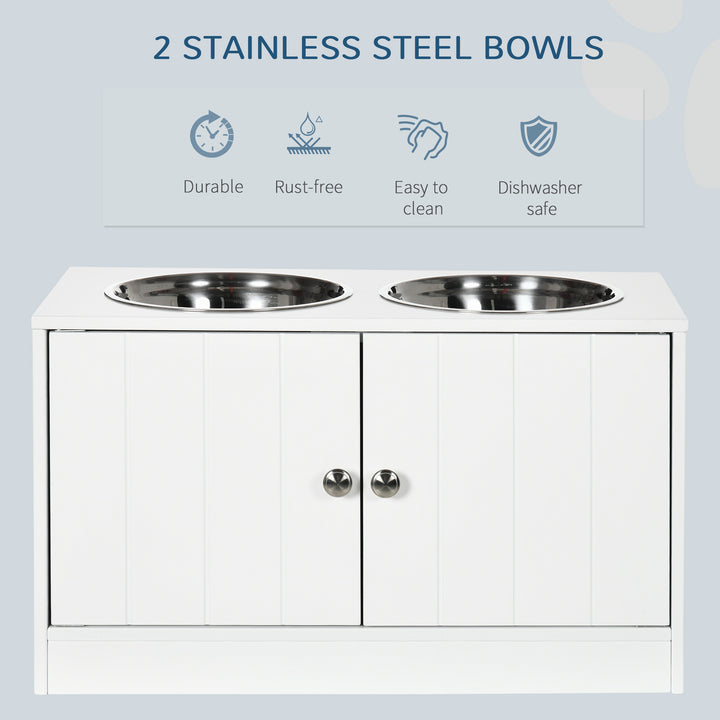 Raised Pet Feeder, with Two Bowls, Storage - White