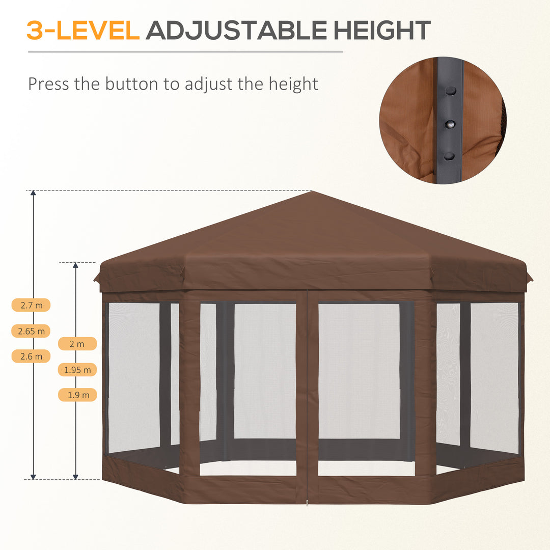 3.5m x 4m Hexagonal Pop Up Gazebo, Canopy Tent Sun Shelter for Patio Outdoor Party, Height Adjustable, with Mosquito Netting and Carry Bag - Brown