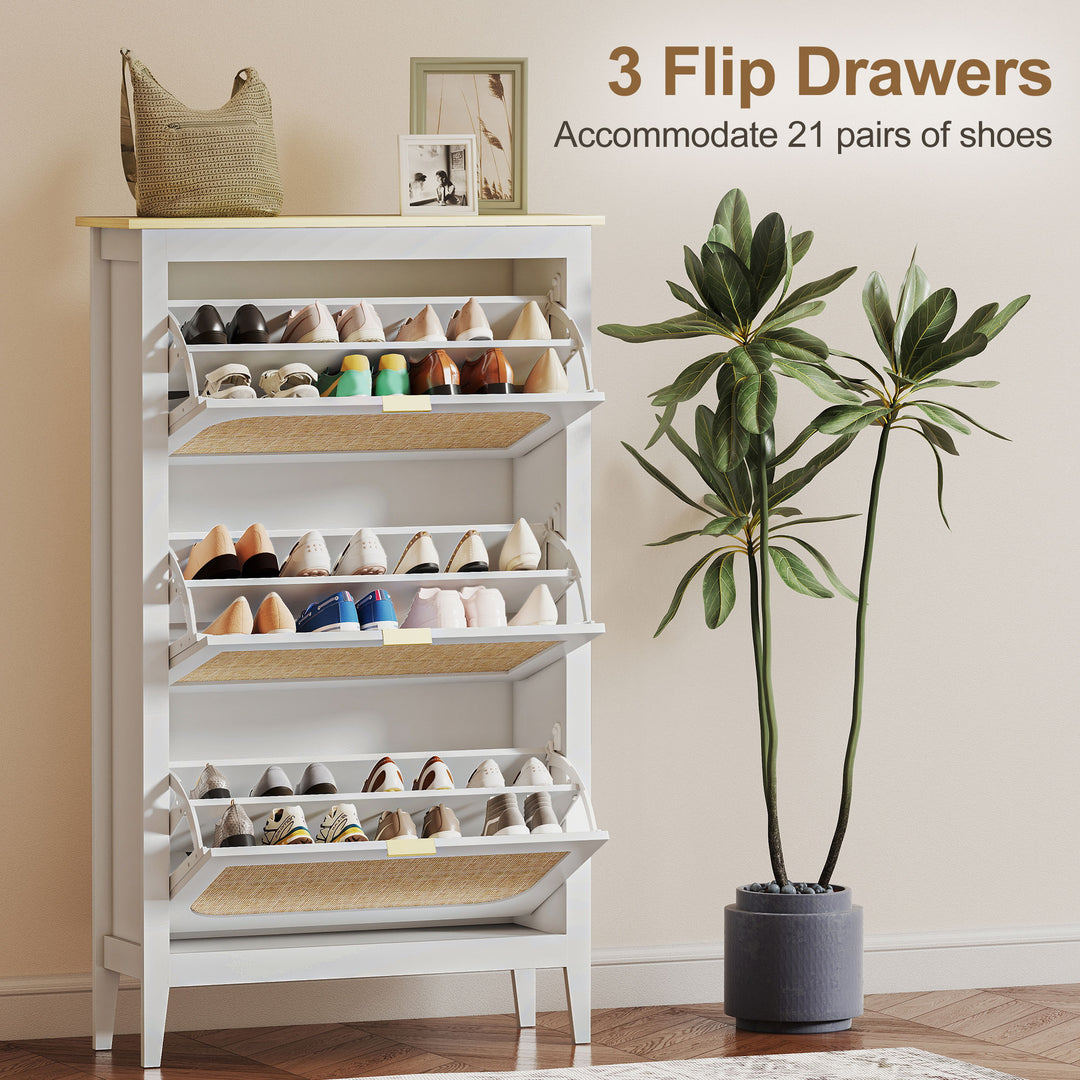 Narrow Shoe Cabinet, Boho Slim Shoe Storage Cabinet with 3 Flip Drawer