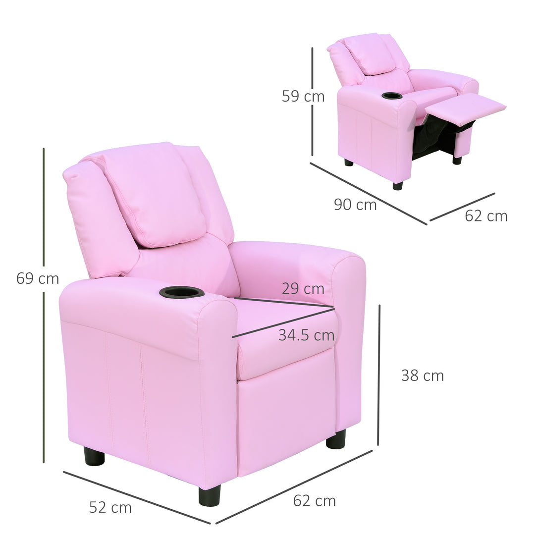 HOMCOM Children Recliner Armchair W/ Cup Holder-Pink | Aosom UK