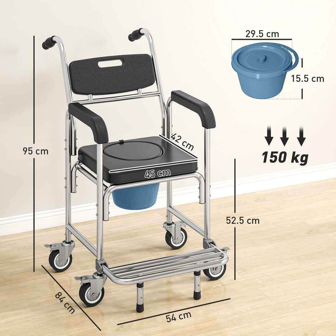 Transport Beside Shower Chair, 3-in-1 Commode Chair with Wheels and Pa