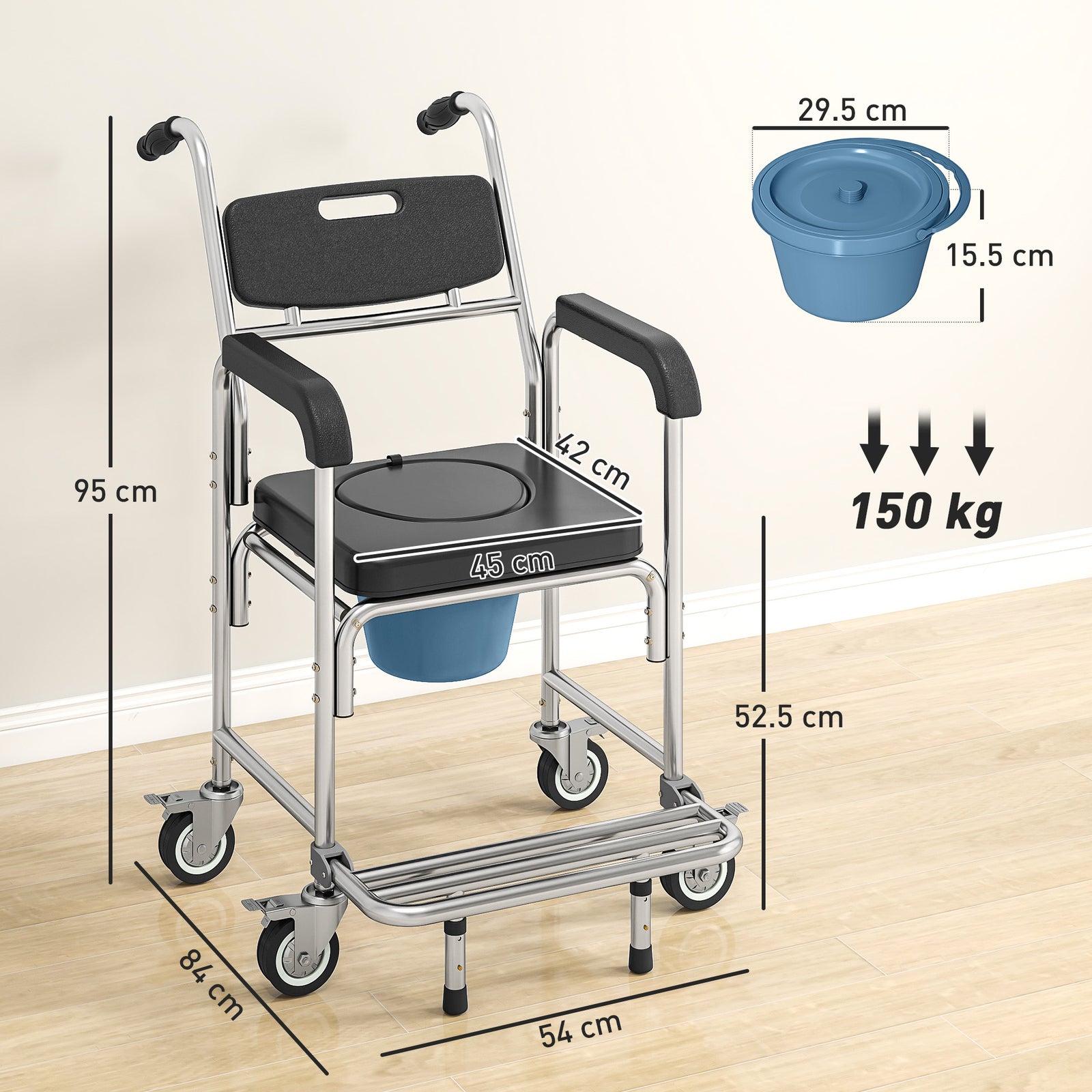 Transport Beside Shower Chair, 3-in-1 Commode Chair with Wheels and Pa