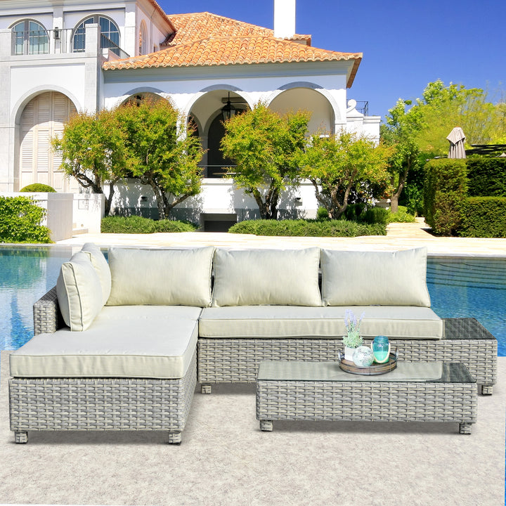 Outsunny 3 Pieces Outdoor PE Rattan Furniture Set, with Chaise Lounge, Sofa and Table, 4
