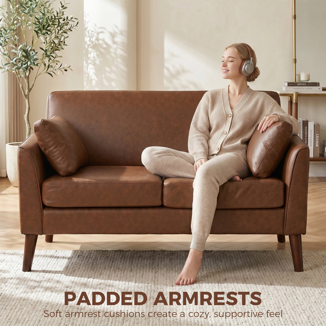 2 Seater Sofa, 132 cm Modern Small Sofa with Solid Wood Legs and 2 Pil