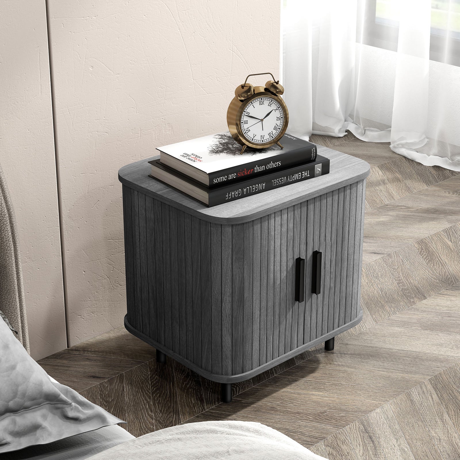 Bedside Table, Nordic Side Table with Roller Shutter Style Sliding Doors and Metal Legs for Bedroom, Living Room, Grey