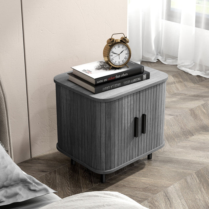 Bedside Table, Nordic Side Table with Roller Shutter Style Sliding Doors and Metal Legs for Bedroom, Living Room, Grey