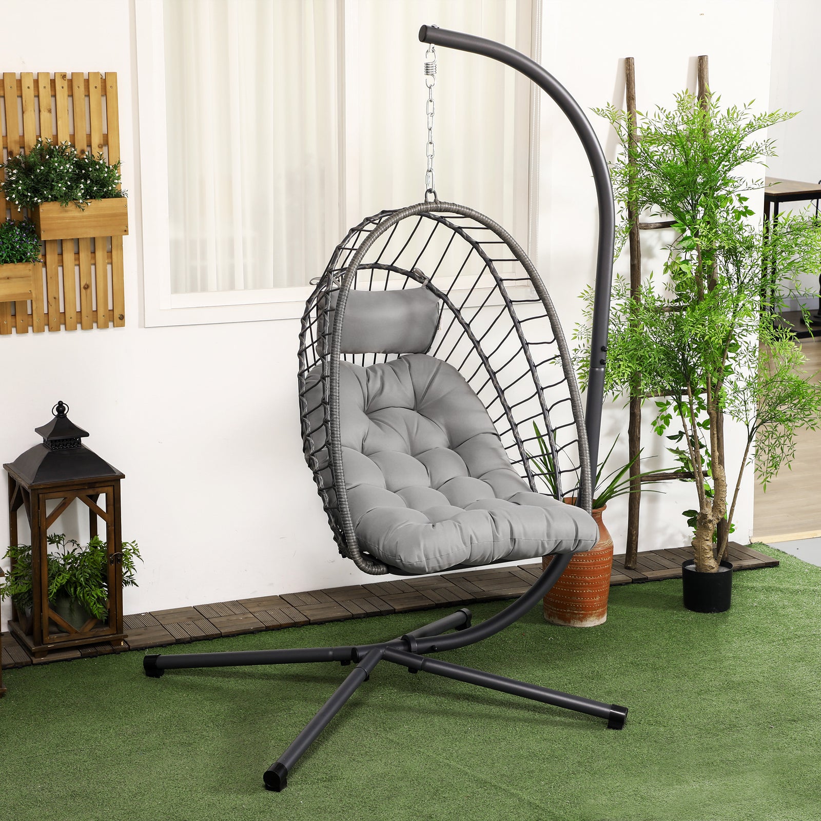 Outdoor PE Rattan Swing Chair with Foldable Basket and Cushion, Garden Patio Hanging Egg Chair with Metal Stand, Headrest for Indoor and Outdoor, Light Grey